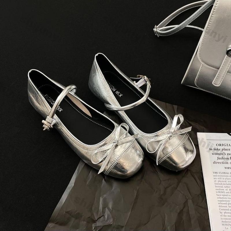 Fashion Women Fashion Thick Heel Mary Jane Shoes Ladies Spring Autumn New Round Toe Single Shoes Sliver Bows Platform Casual Light Shoes