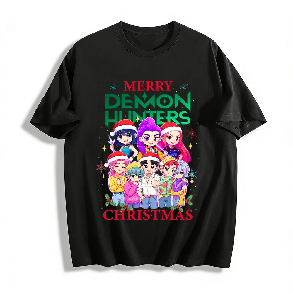

Merry Christmas Demon Hunters Anime Print Top Festive Casual Crewneck Tee For Holiday Pure cotton T-shirt XXS