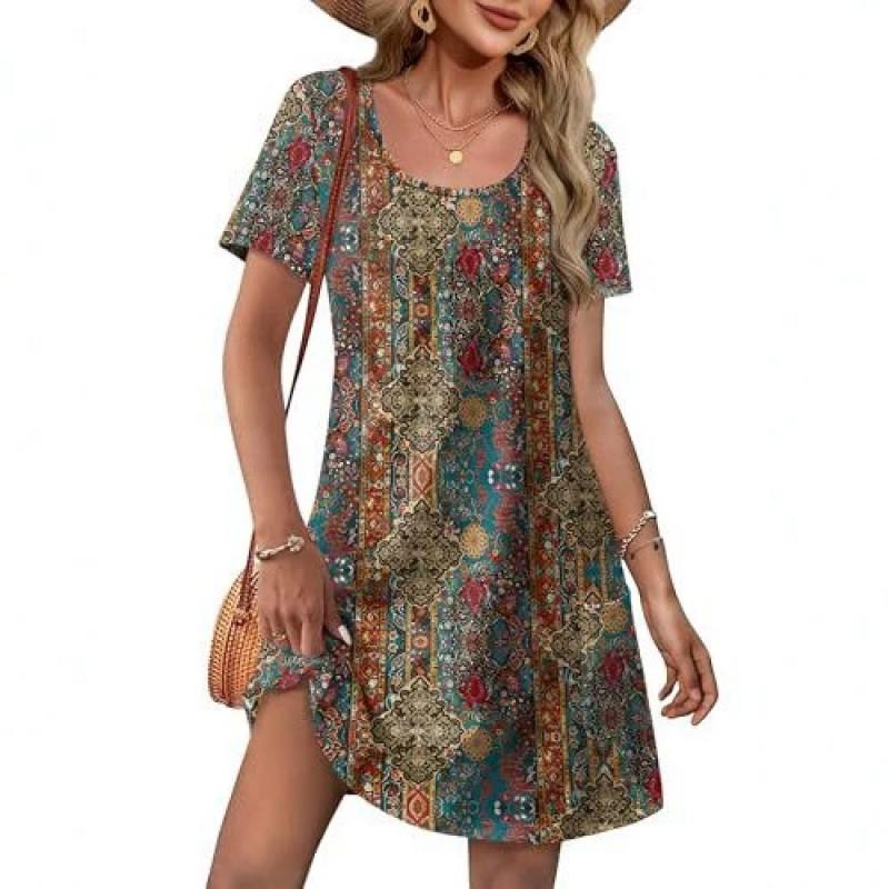 2026 Womens U-Neck Printed Midi Dress Casual Loose Fit Everyday Wear