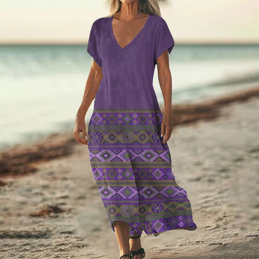 Fashion Women's Summer V-neck Short Sleeve Cotton And Linen Vintage Floral Print Beach Dress