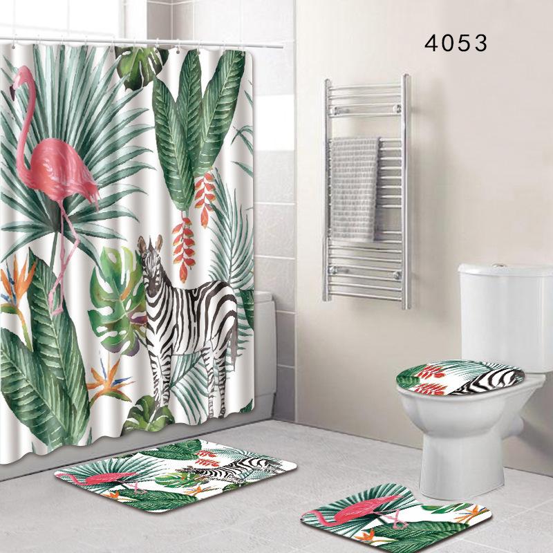 Flamingo Bathroom Shower Curtain Floor Mat Toilet Cover Foot Mat Four-Piece Pattern Size