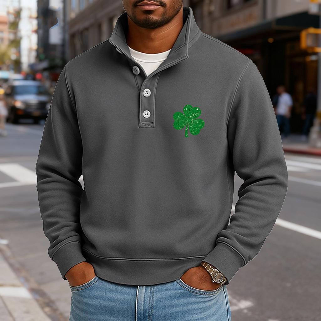 Men's Casual Stand-Up Collar Long-Sleeve Top Print Button-Down Sweatshirt