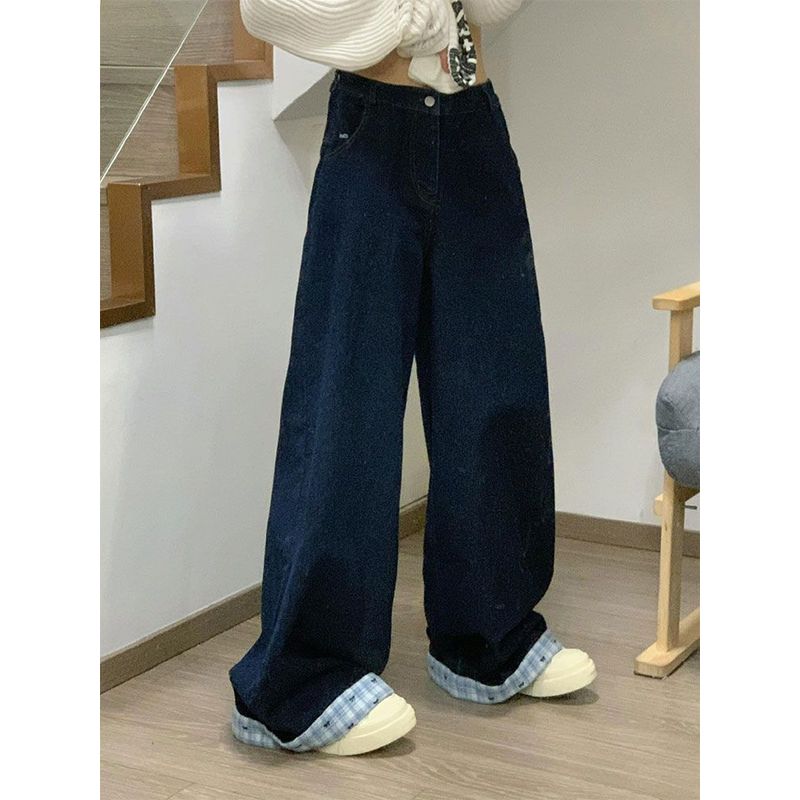 

145 Small Dark Blue Plaid Curling Patchwork High Waist Jeans Women Spring and Autumn New Mop Wide Leg Trousers Dark blue small section XL