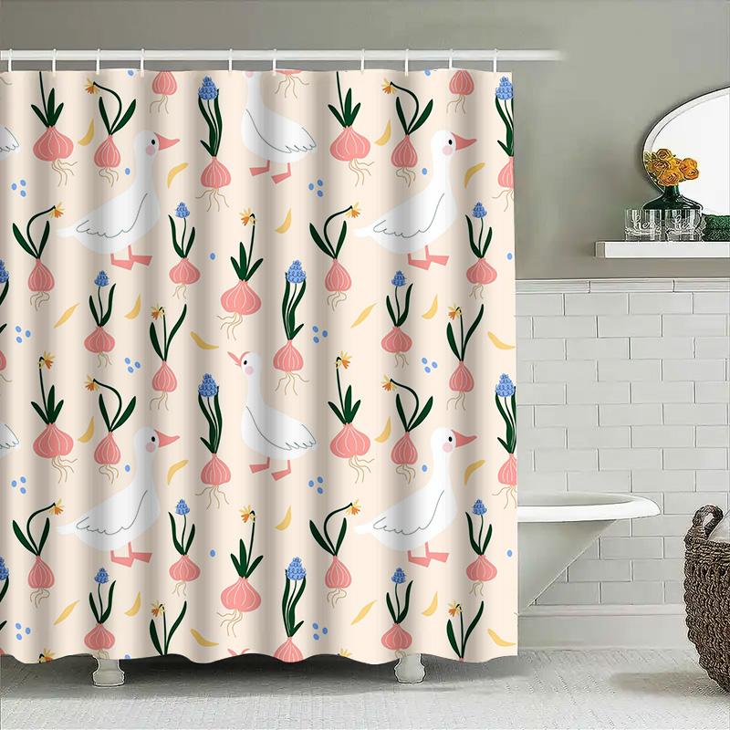 

Pink floral bath curtain with white ducks waterproof bathroom decor for girls home accessories 90x180cm