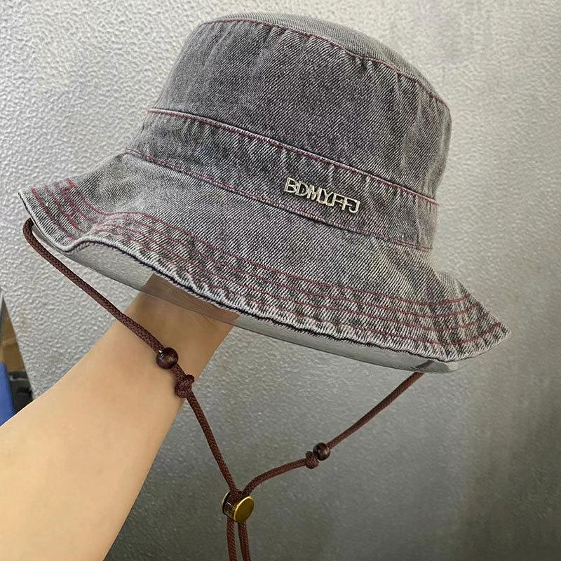 Denim Bucket Hat Women's Outdoor Camping Mountain Hat Versatile Fashion Metal Label Retro Washed Visor Men