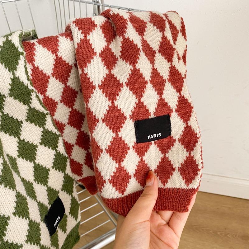Blue checkerboard wool small scarf female winter warm versatile student couple short scarf