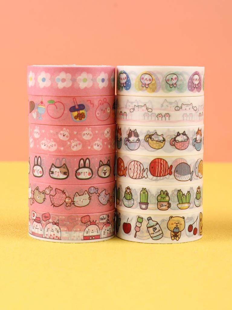 6/12pcs Cute Animal Washi Tape Cartoon Pattern Scrapbooking Supplies Stationary Perfect Gift For Artists & Crafters Washi Tape
