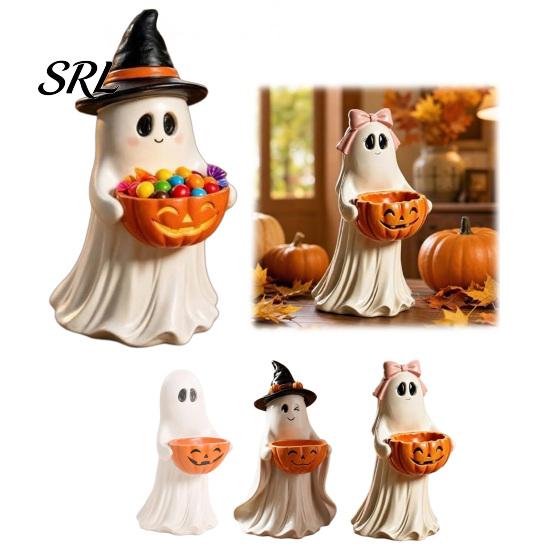 Piccole Statuette per Camera da Letto Statua Fantasma in Resina con Ciotola Caramelle Zucca Decorazione Tavolo Halloween, Dettagliate Figure da Tavolo Carino Organizer da Scrivania Soggiorno