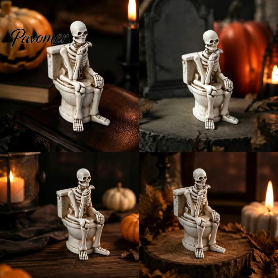Halloween Statue Skeleton on Toilet Figurine, Funny Gothic Bathroom Statue, Spooky Creepy Home Accents Resin Ornament for Office Shelf Desk Decor Aged
