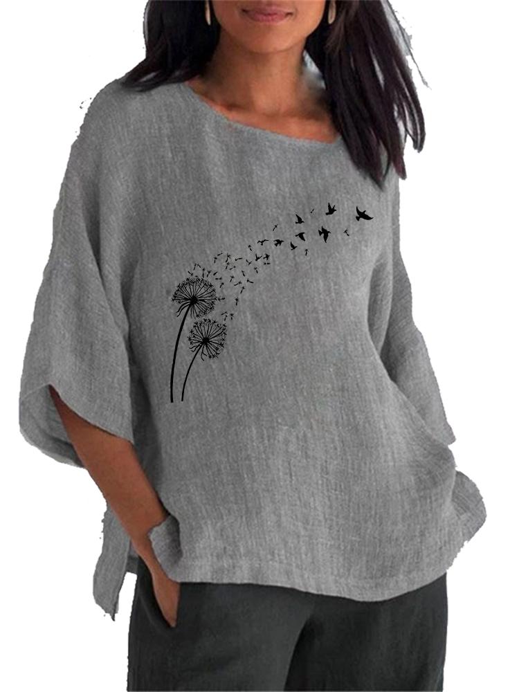 Women Fashion Cotton Linen Blouse Spring&summer Round Neck 3/4 Long Sleeve Shirt Ladies Pullover Loose Tops