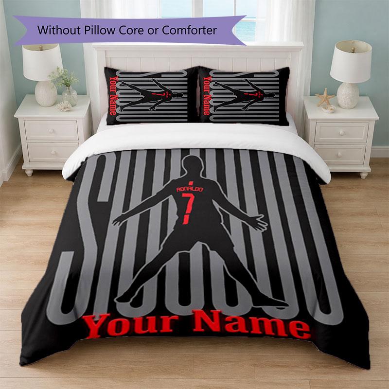 Set Biancheria da Letto Personalizzato Cristiano Ronaldo con Nome Testo 1 Copripiumino+2 Federe Logo Calcio Regalo Personalizzato per Occasione Speciale Arredamento Camera da Letto