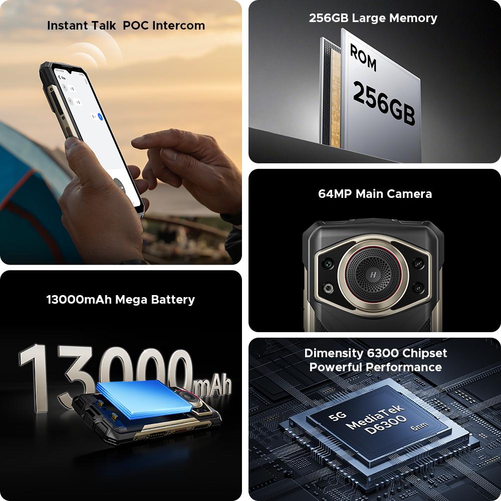 Doogee Fire 7 Ultra Rugged Smartphone 5G, 13000mAh/33W, 8GB+256GB(2TB TF), 6.6” HD+ 90Hz Display, IP68/IP69K, 125dB Speaker, NFC, Dual SIM