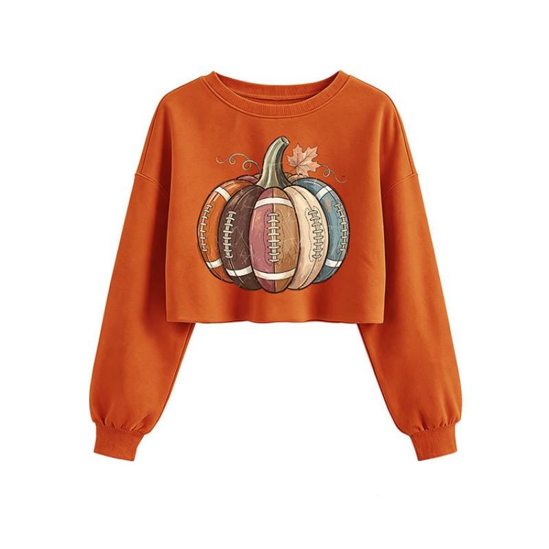 Womens Cropped Sweatshirt Rugby Pumpkin Maple Print Casual Loose Fit Long Sleeve