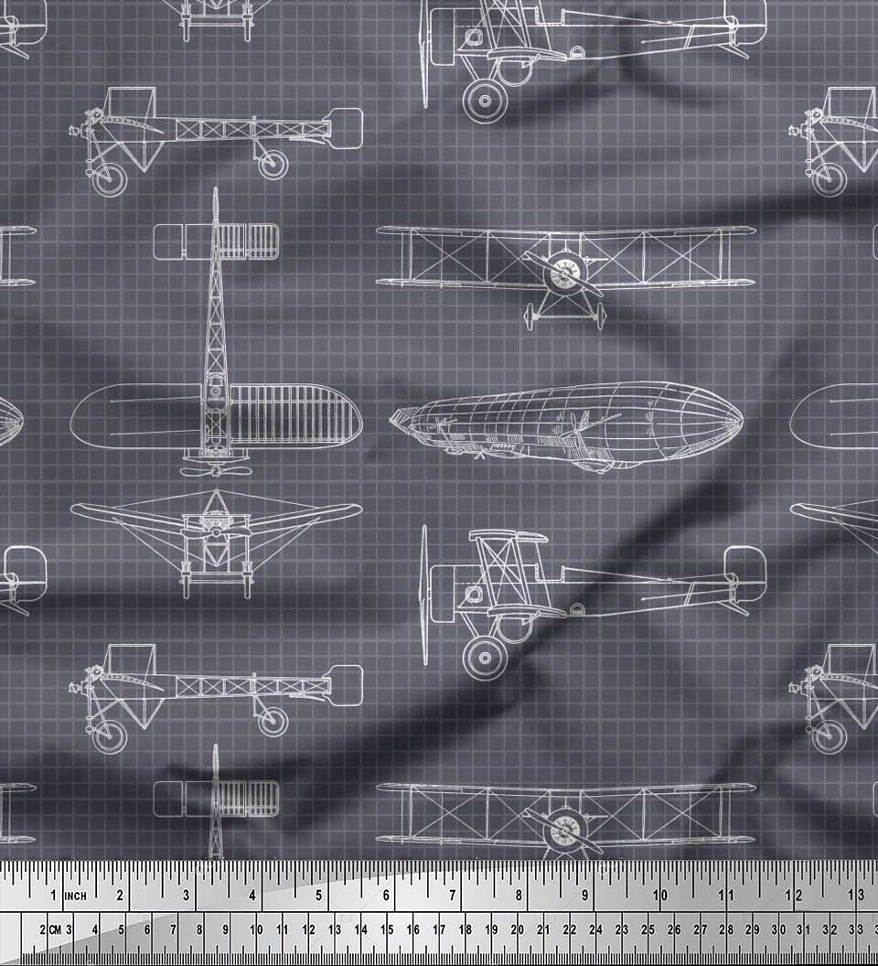 

Тканина для швейної тканини Soimoi Japan Crepe Satin Check & Airplane Transport Print Швейна тканина, метр 42 дюйма 42 Inch Wide - Poly Crepe сірий колір