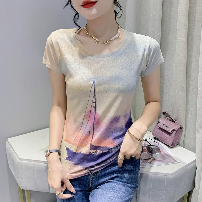 Creative Printed Short Sleeved T-shirt for Women's Summer Wear New Fashionable European Design Slim Fit and Western-style Letter Half Sleeved Top