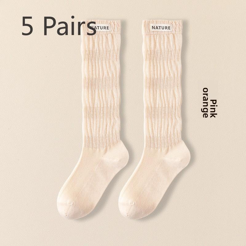 5 Pairs Women's Long Spring and Autumn Thin Boneless Cotton Mesh Slim Pile Summer Long Calf Socks