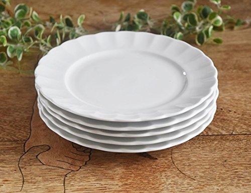 Set of 5 White Dinnerware: Floral-Shaped, Shatter-Resistant Porcelain TIARA Pure White Ruffle Cake and Salad Plates, 19cm
