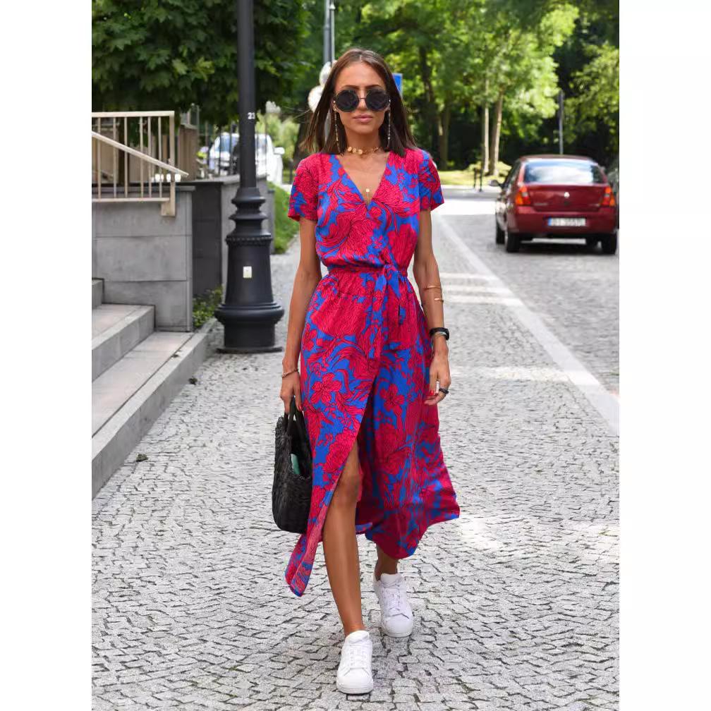 

Women s Red Blue Floral Print Wrap Dress with Slit, Casual Sleeveless Summer Dress, Street Style Bodycon Dress XXL рожевий