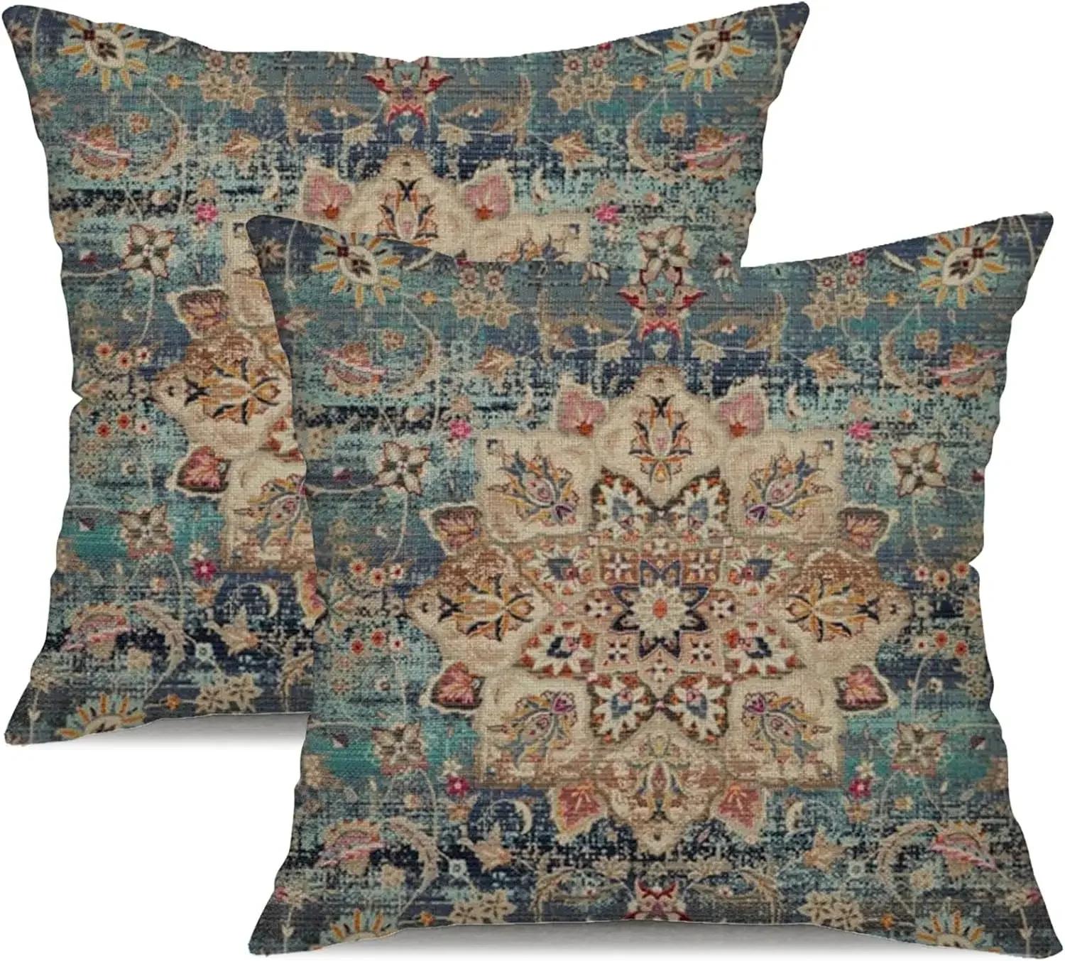 

Boho Pillow Covers Set of Ethnic Bohemian Carpet Vintage Rust Coral Floral Decorative Cotton Pillow Cases with Zipper DecorB-, 66x66cm