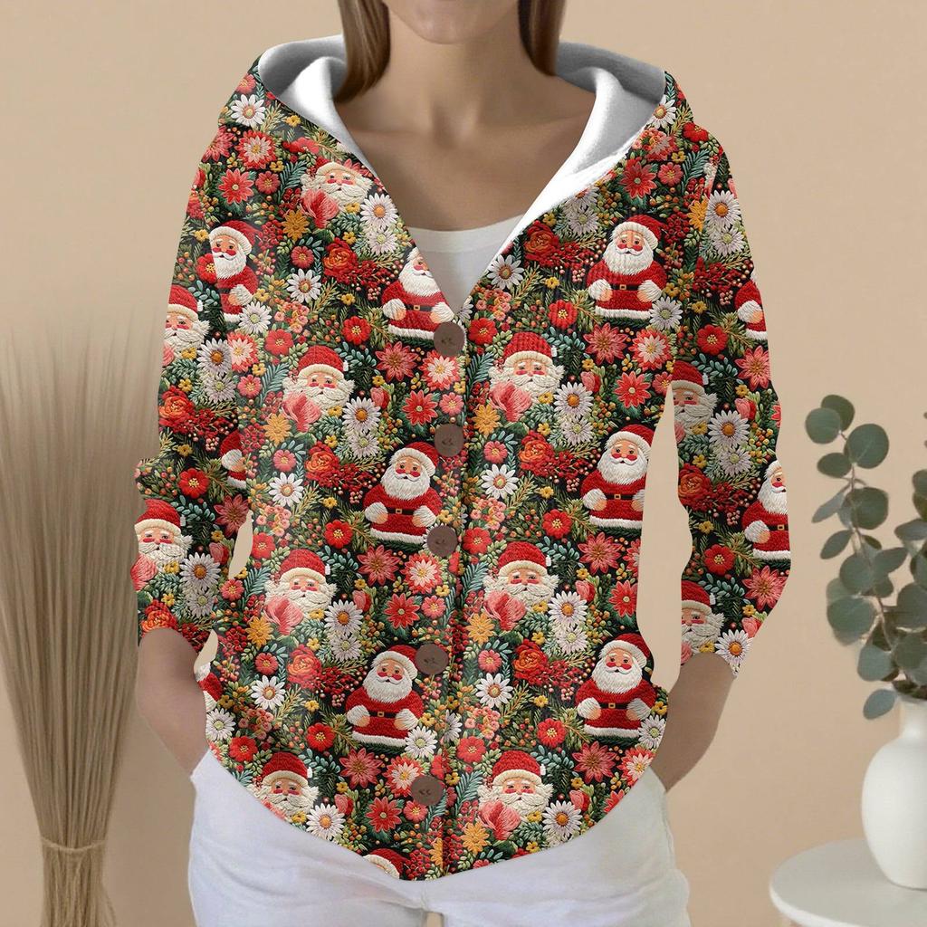 Women's Fashion Casual Sweater Button-Up Print Cardigan  Hooded Jacket