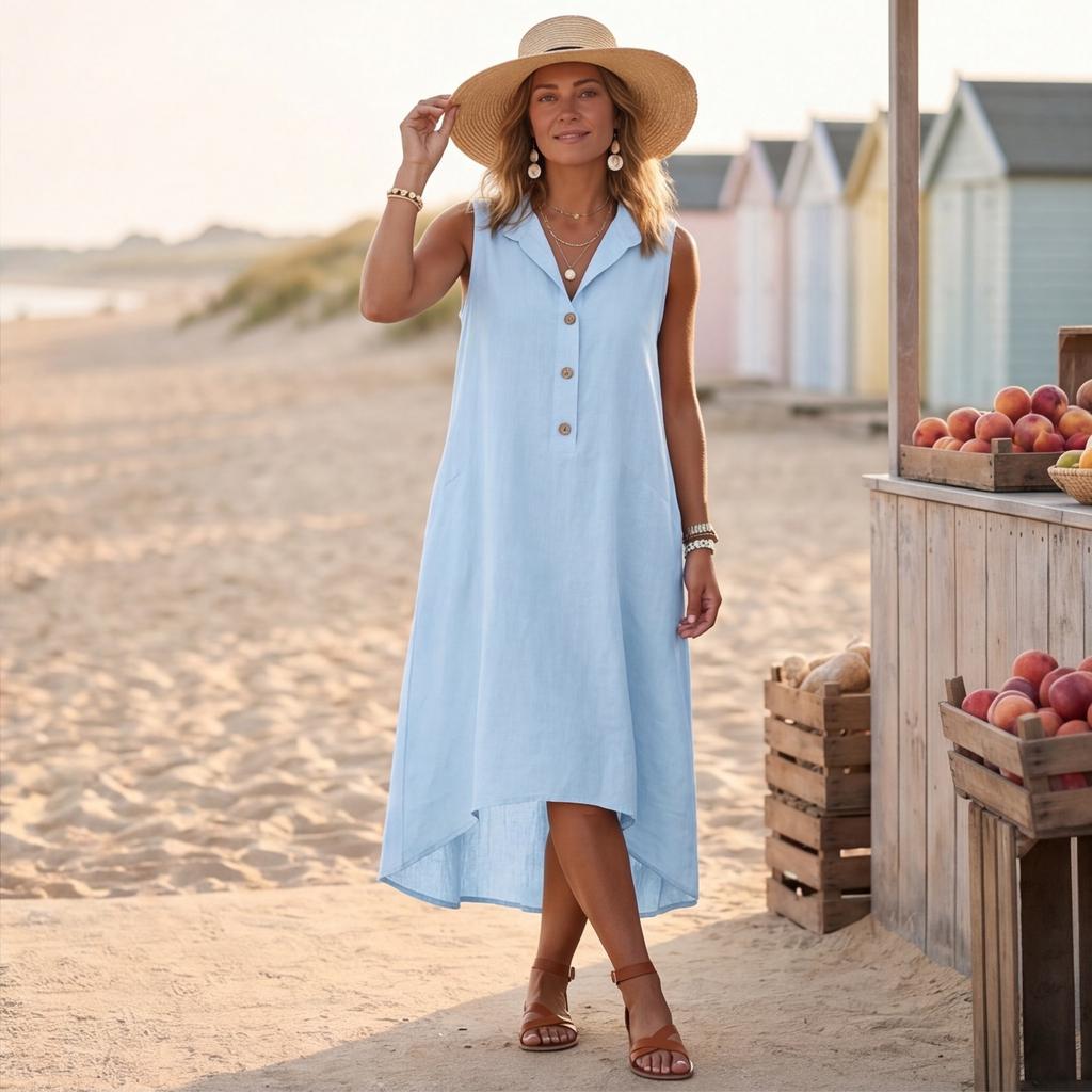 Women Sleeveless Casual Linen Cotton Blend Dress Loose Fit Button Down High Low Hem Midi Dress with Pockets for Summer Beachwear