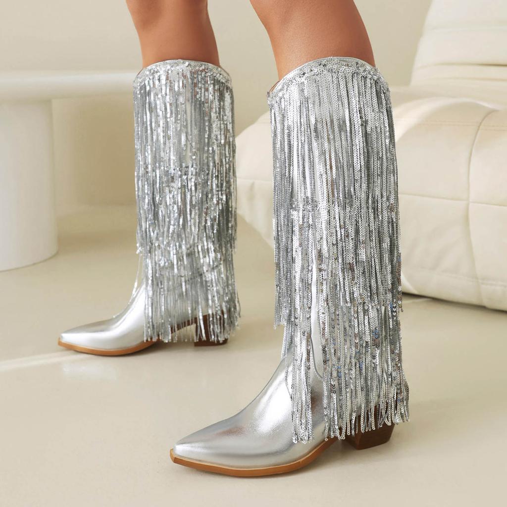 Wide Calf Boots For Women Over The Knee High Women'S Rhinestone Fringe Boots Sparkly Western Cowboy Boots Zapatos De Mujer