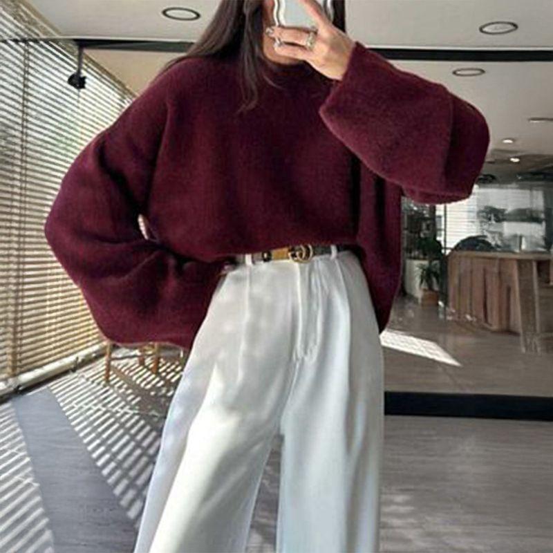 

American Cross-Border Women clothes Foreign Trade Autumn and Winter Amazon Independent Station Simple and Stylish Wool Long sleeve Sweater Knit Female Burgundy L