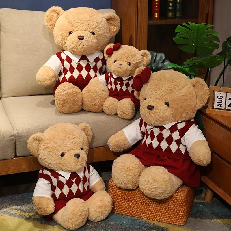 Couple Studant Bears Plush Toys Graduation Present Cartoon Bear Wear Plaid Sweater Soft Doll Kawaii Toy Brinquedos