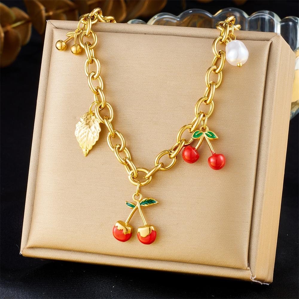 DIEYURO 316L Stainless Steell Cherry Strawberry Fruit Series Necklace For Women Lady New Fashion Neck Chain Jewelry Party Gift