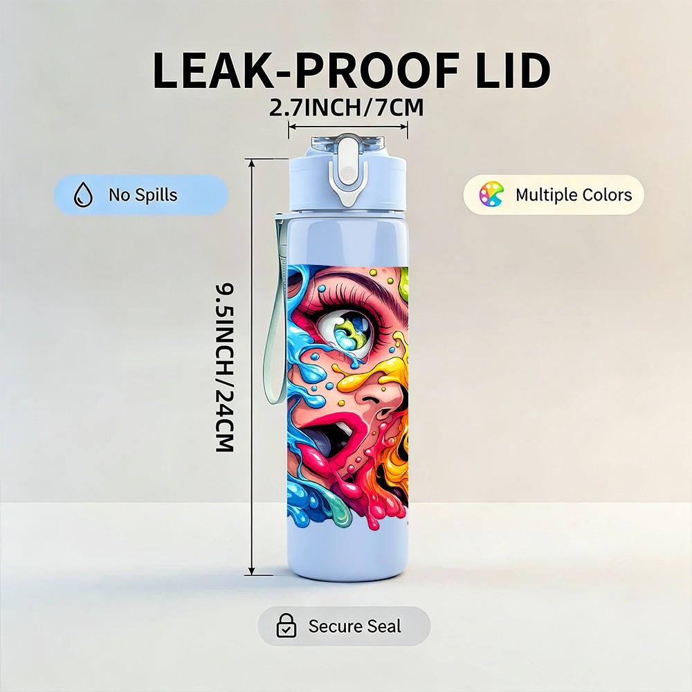 1PC Multicolor Abstract Face Graffiti Print 750ml Color Plastic Sports Water Bottle Leakproof Flip Straw Lid Suitable for Sports Office Home Use
