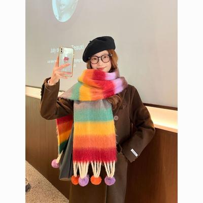 Korean Version of New Rainbow Striped Scarf with Ball for Female Winter Students Versatile High-end Warm Scarf Shawl