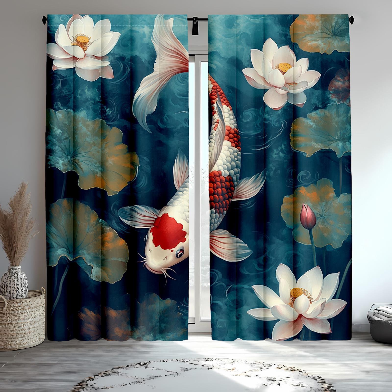 

Set Of 2 Japanese Koi Fish Curtains Yin Yang Cherry Blossom Design Darkening Drapes Living Room Bedroom Tradit Curtain For Great Made Polyester W100*H70(CM)-Hooks&1PCS