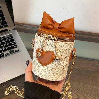 Women's Cylind Fabric Straw Sack Small Bag Fashion Love Shoulder Bag Barrel-shaped Crossbody Chain Bag