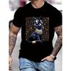European Sizes Men's Black Short-Sleeve T-Shirt, Exquisite Egyptian Black Cat Design, Adorned with Ornate Jewelry, Set Against Hieroglyphic Patterns