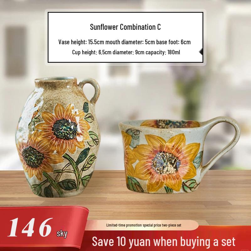 Valley Ceramic Vase: Japanese Retro Hand-Painted Single-Eared Sunflower Pot for Living Room Flower Arrangements