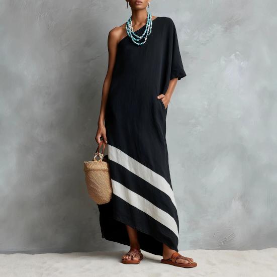 Women One Shoulder Maxi Dress, Color Block Casual Loose Long Dress, Summer Beach Vacation Flowy Sundress with Pockets