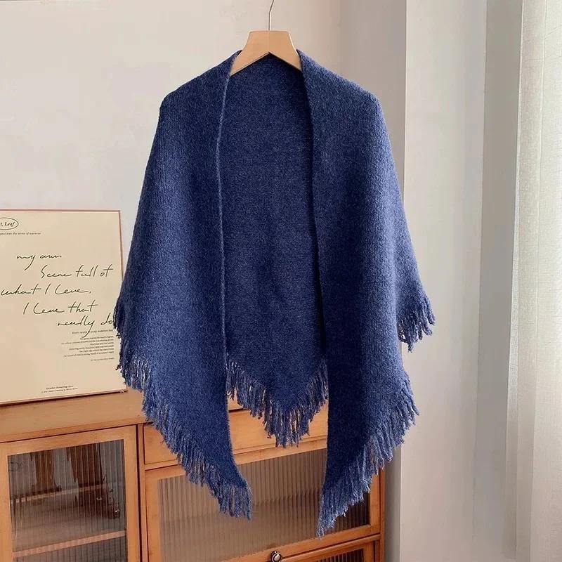 Elegant Versatile Warm Wool-Blend Fringed Triangle Scarf Korean Style Ins Motorcycle Helmet Style Neck Warmer Accessory