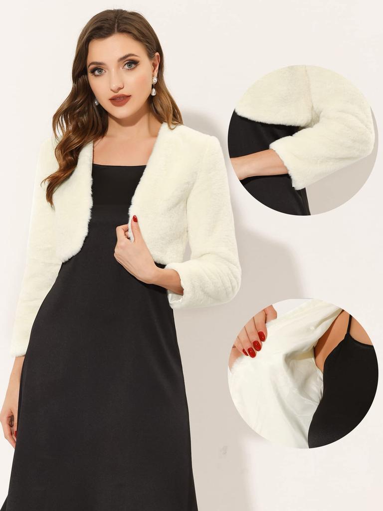 Allegra K Women's Evening Cropped Jacket with Open Front and Faux Fur Bolero, Shrug, Beige, Size S