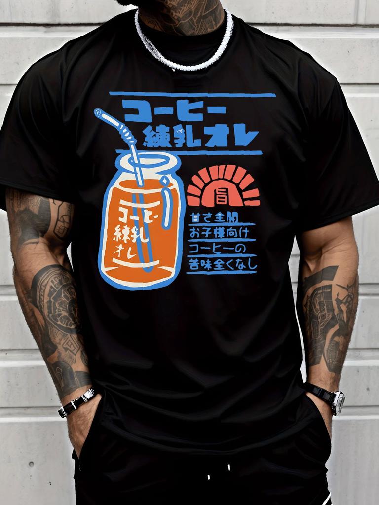 Unisex Round Neck Tee Japanese Coffee Milk Bottle Print Short Sleeve Top Streetwear Summer Casual Outdoor Walking Daily Basic Wear