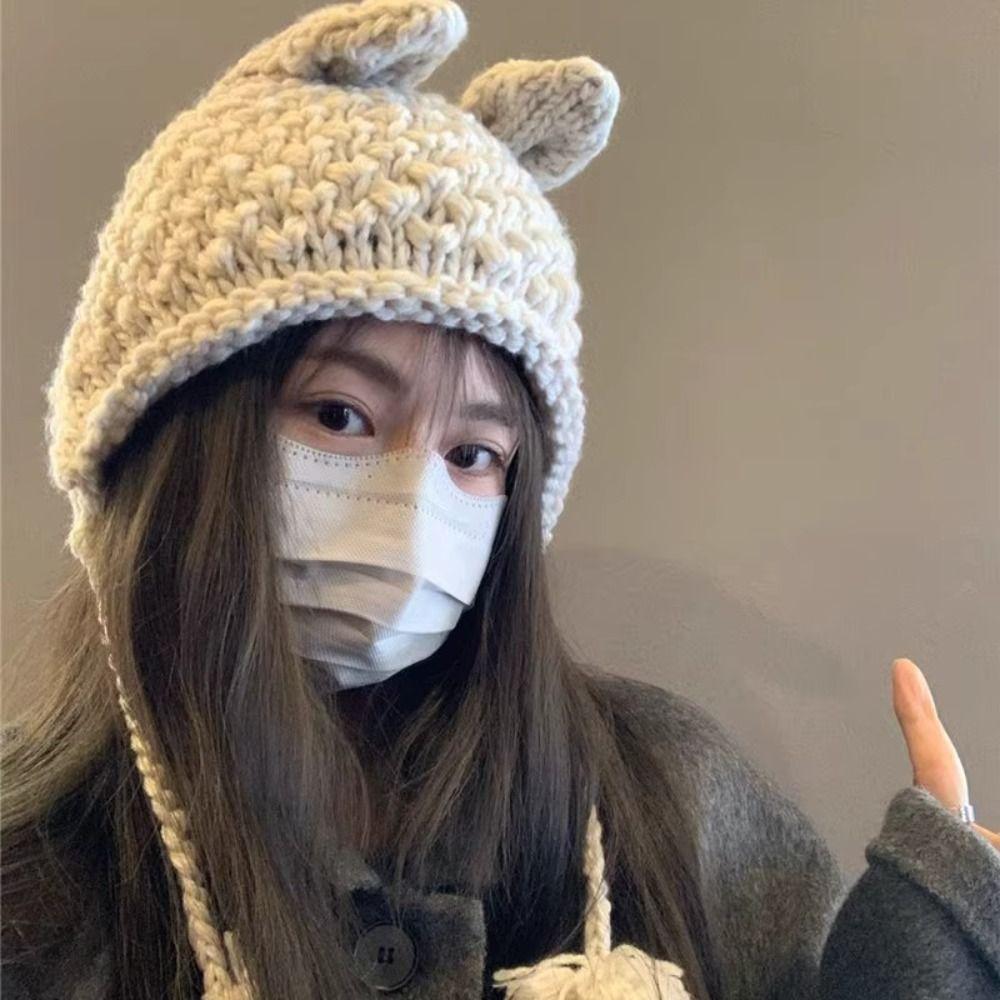 Hand-crocheted Y2k Knitted Hat New Design Ear Protection Hat Fashion Rabbit Ear Knit Hat  Girls
