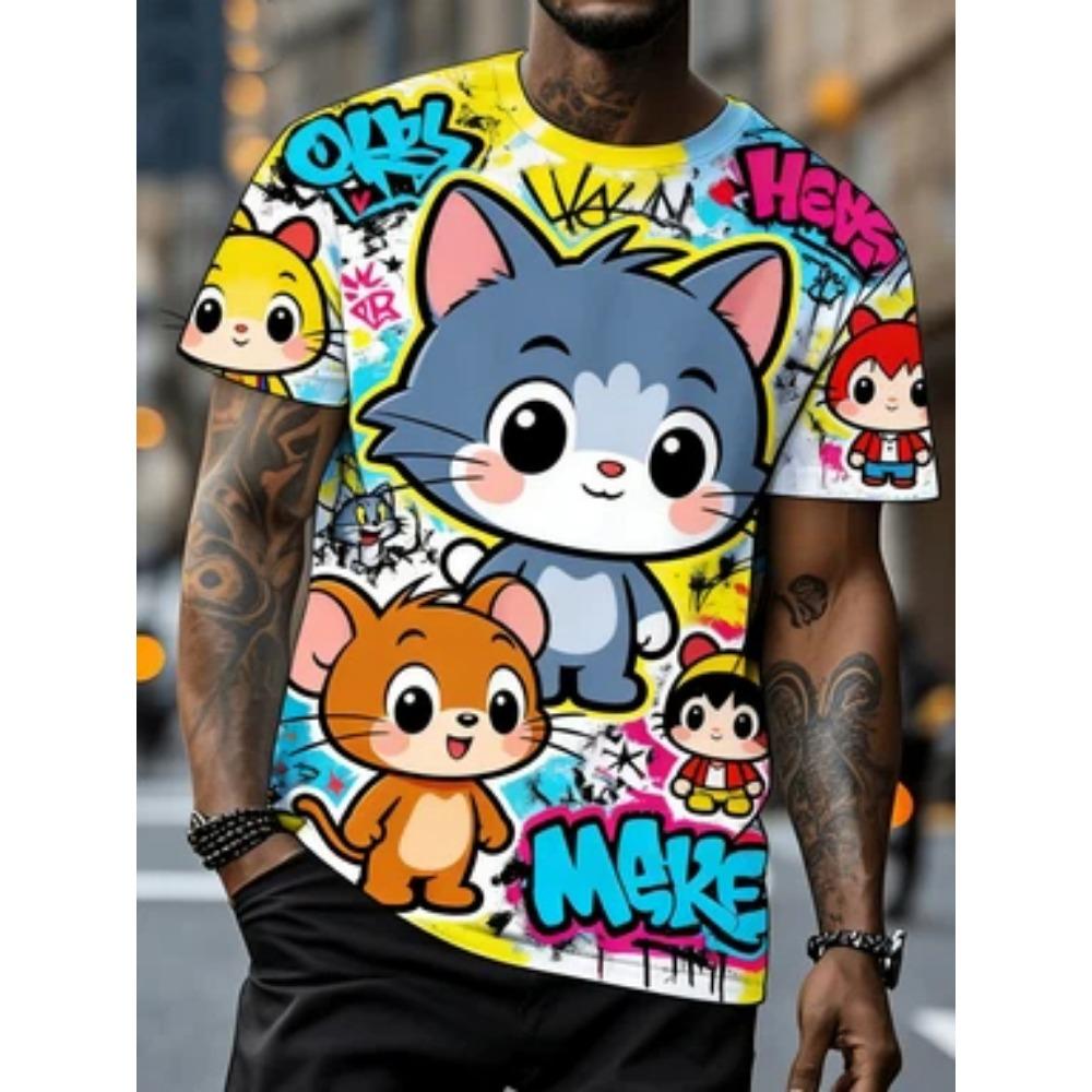 Tom And Jerry Men's T-shirt, 3D Cat And Mouse Pattern