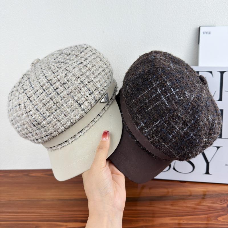 Retro Bere octagonal hat women's new plaid British style hat Japanese autumn and winter painter newsboy hat