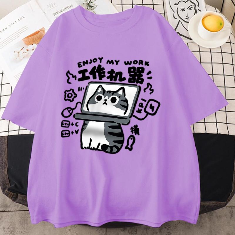 Fun Tool Cat Print Japanese Style T-Shirts Men Women Breathable Clothing Summer Cotton Tshirt Hip Hop Loose Oversized T-Shirt