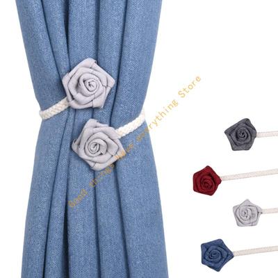 55KF 2Pcs Adjustable Curtain Tiebacks Rustics Cloth Rope and Cloth Flower Holders Holdbacks for Window Drapes Decorations