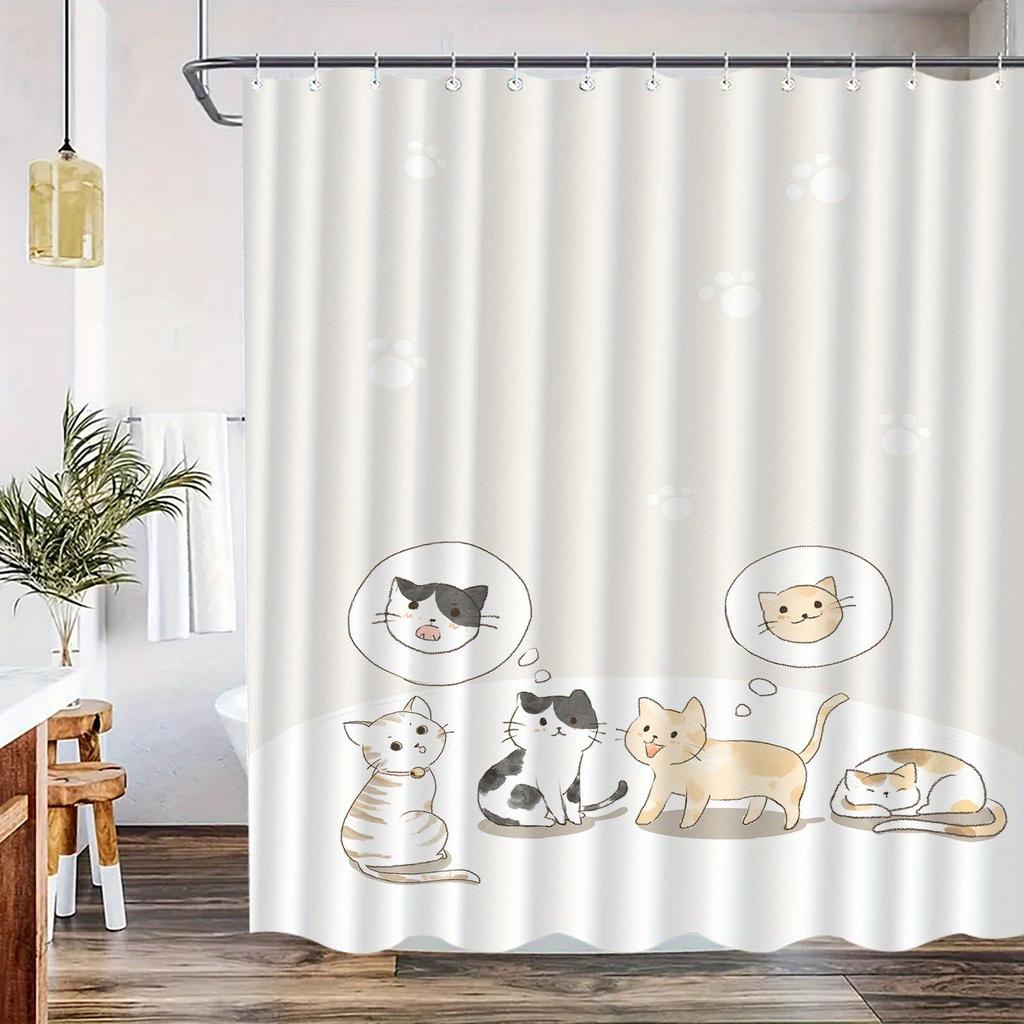 Cozy Cartoon Kitten Shower Curtain - Waterproof Polyester, Playful Cat Illustrations, All-Season Bathroom Decor