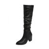 Women Knee High Long Boots Pointed Toe Thick High Heels Zipper Pleated Gogo Boots Ladies Fashion Shoes Autumn Winter 46