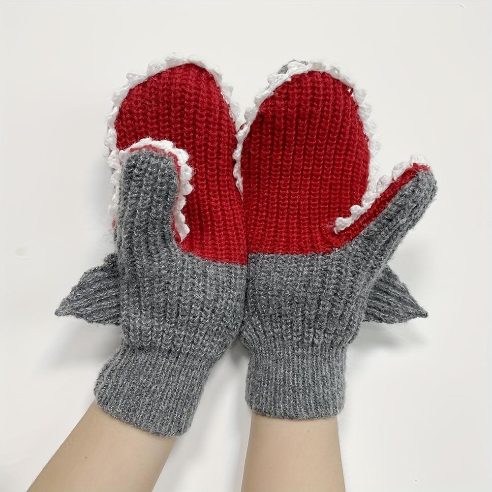 Grey Shark Knit Gloves Coldproof Elastic Mittens Cute Cartoon Animal Warm Gloves For Women Men Autumn & Winter