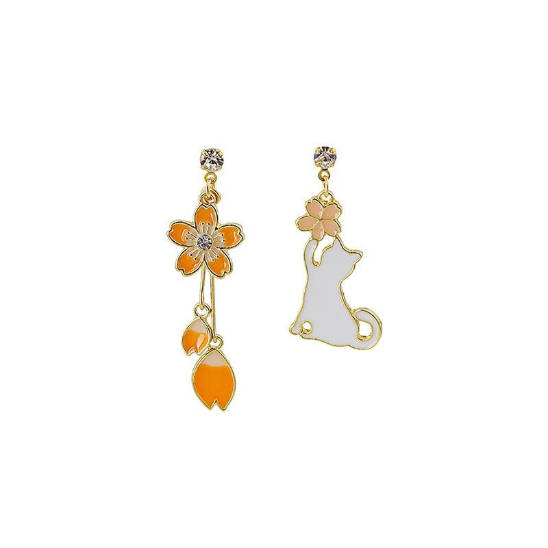 Fashion Cartoon Long Asymmetrical Color Matching Flower Cat Fox Fan Stud Earrings Childlike Playful Earrings Woman