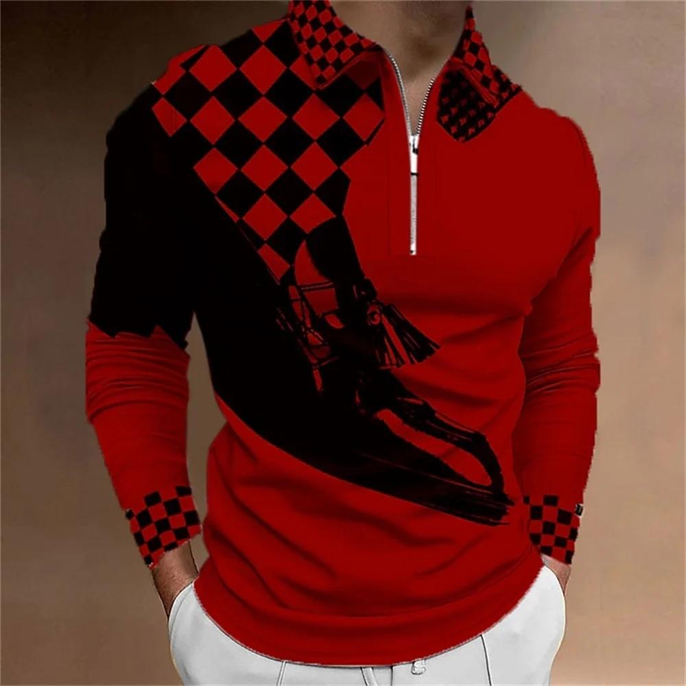 

Men s Polo Shirt Golf Shirt Plaid Prints 3D Print Street Long Sleeve Zipper Clothing Apparel Sports Fashion Streetwear Designer 5XL червоний