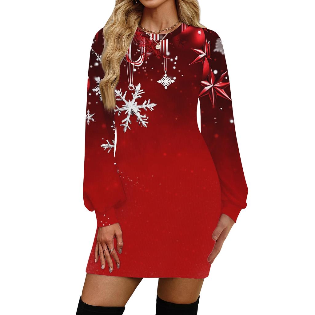 Rochie casual de modă pentru femei, cu imprimeu de Crăciun, cu gât rotund și mâneci lungi